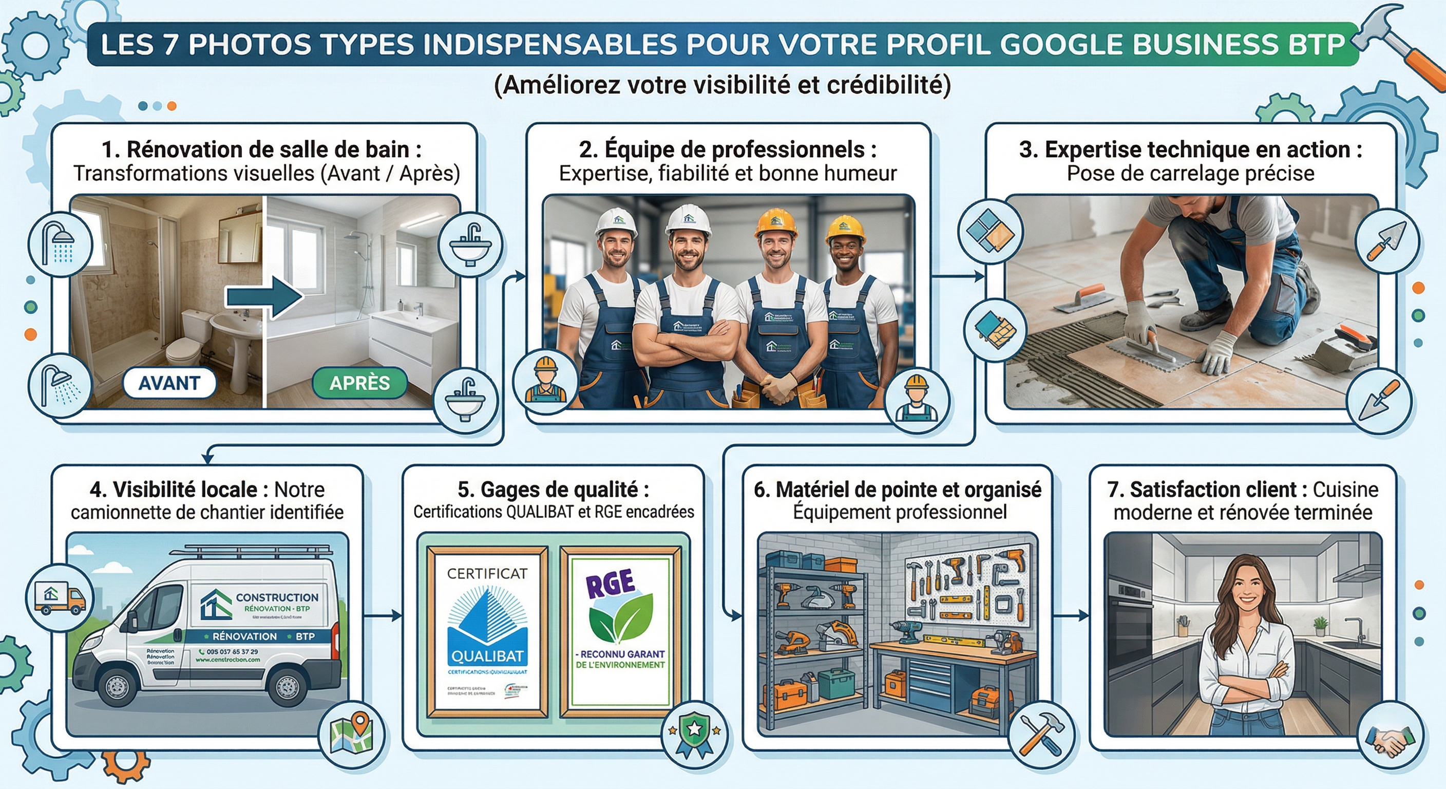 Les 7 photos types indispensables pour un profil Google Business BTP : avant/après, équipe, action, camionnette, certifications, matériel, client satisfait