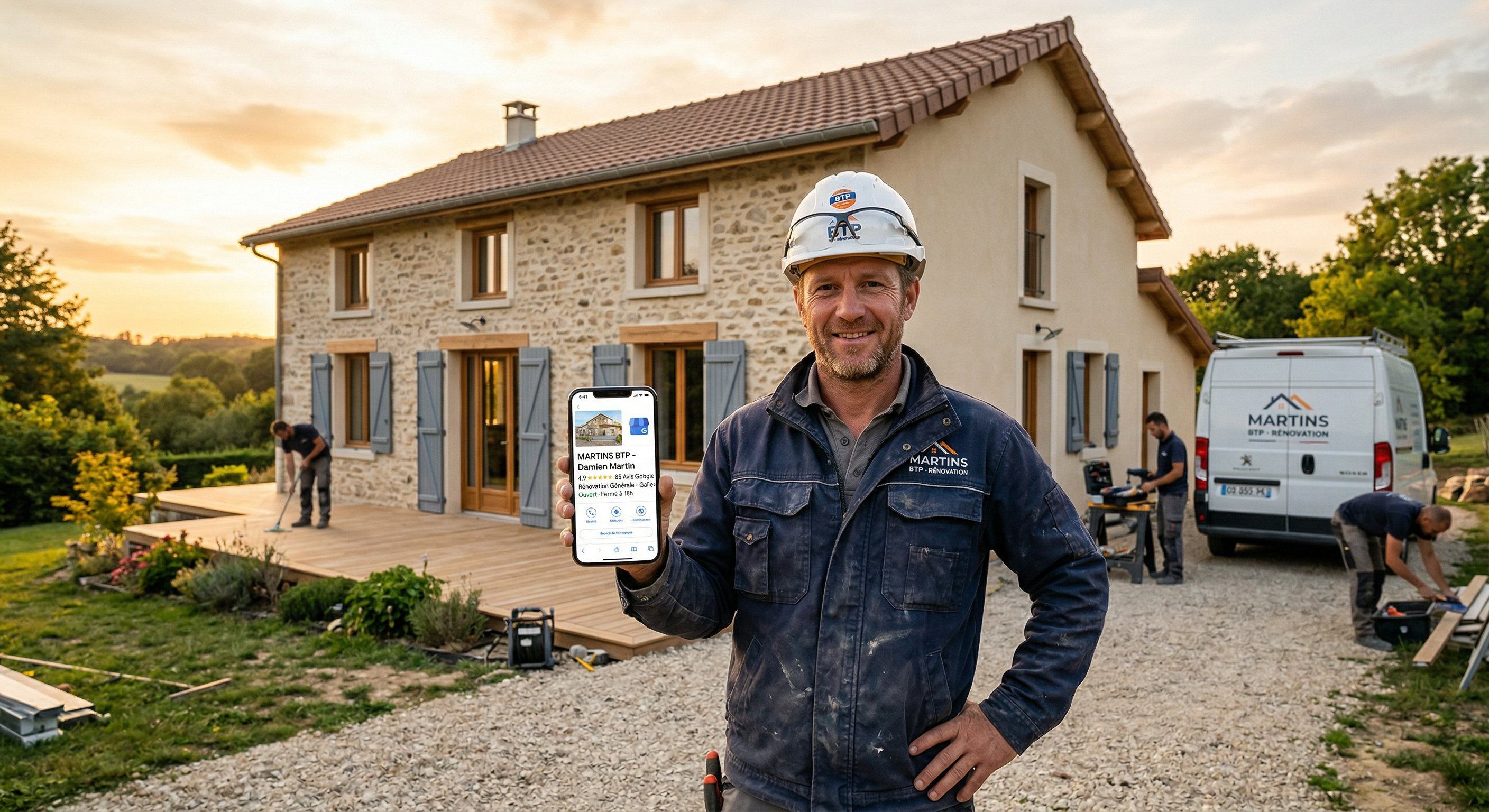 Artisan du BTP confiant devant un chantier rénové, tenant son smartphone affichant sa fiche Google Business Profile avec 4.9 étoiles et 85 avis. Maison rénovée en arrière-plan avec son équipe. Lumière dorée.