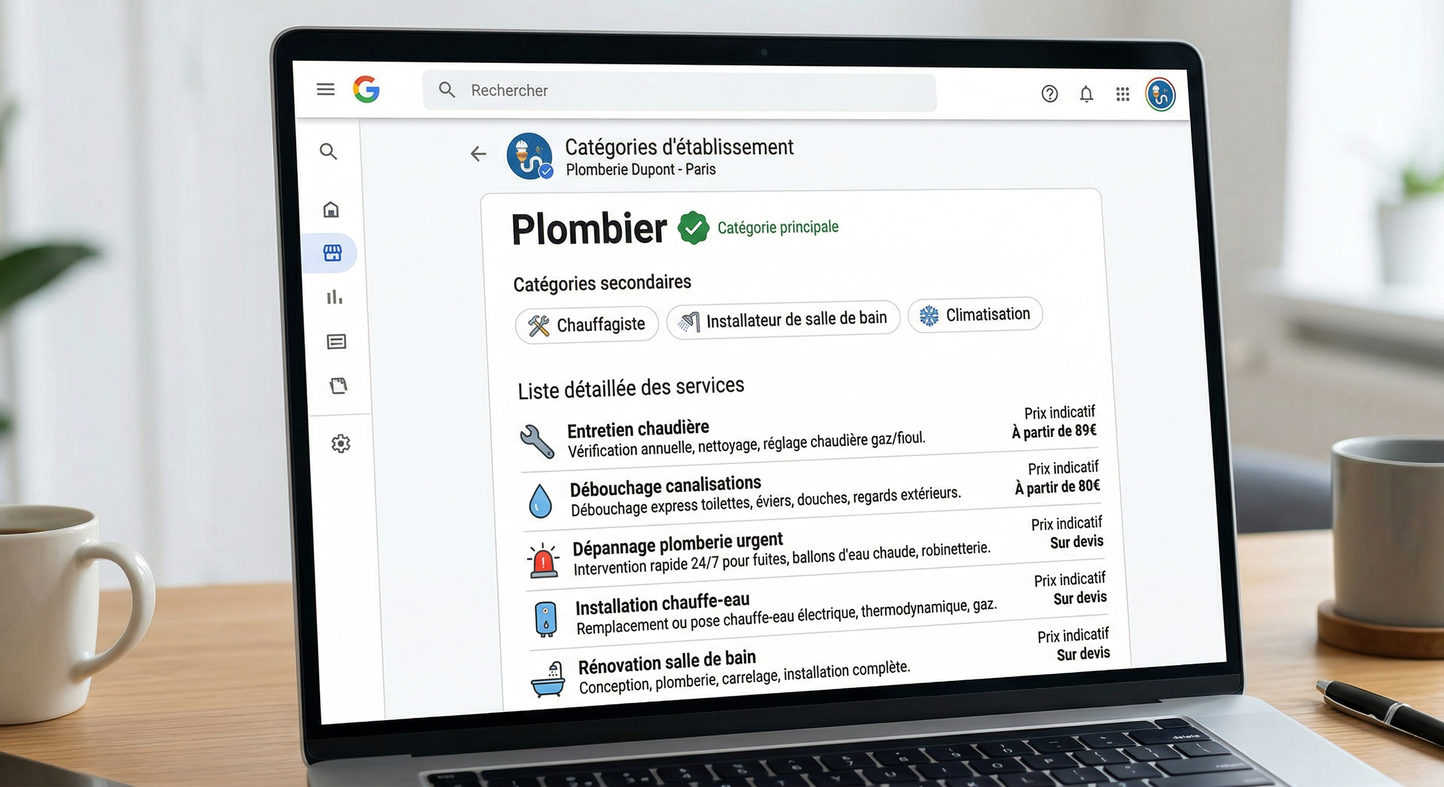 Interface Google Business Profile : catégorie principale Plombier, catégories secondaires et liste de services avec prix indicatifs