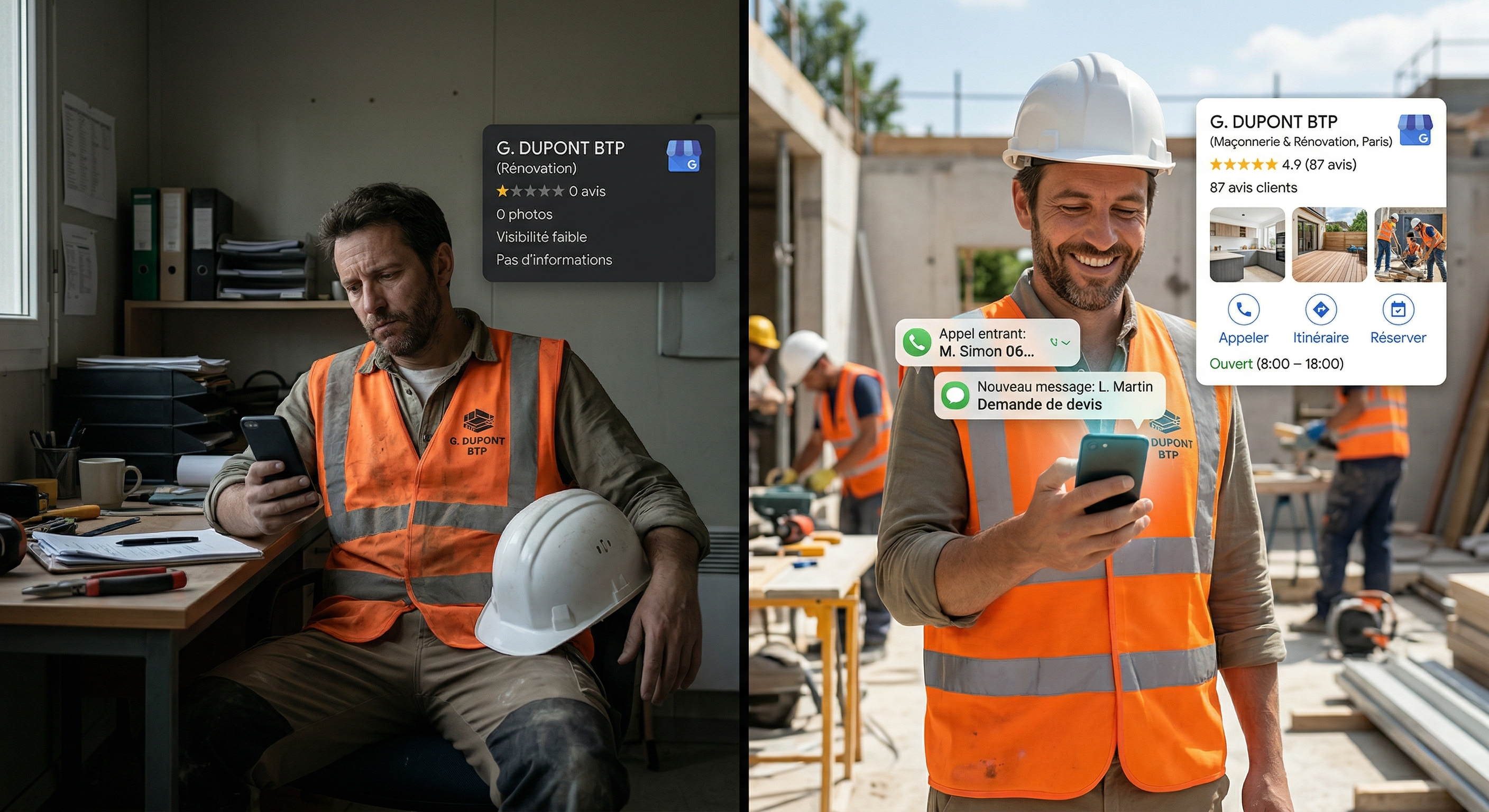 Avant/après : artisan BTP frustré sans fiche Google vs artisan souriant avec fiche Google optimisée 4.9 étoiles et 87 avis