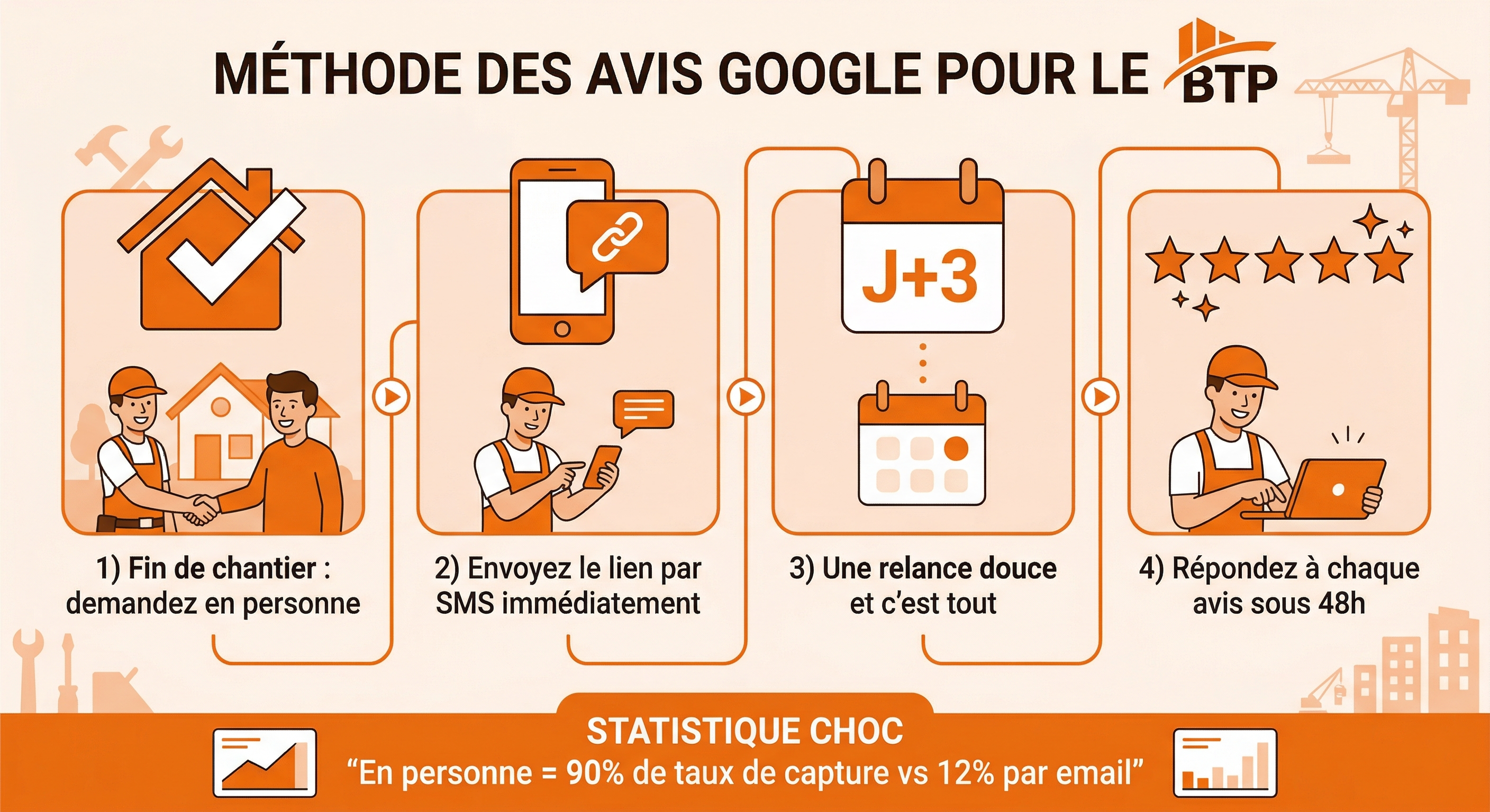 Infographie méthode des avis Google pour le BTP en 4 étapes : fin de chantier demandez en personne, envoyez le lien par SMS immédiatement, relance douce J+3, répondez à chaque avis sous 48h. Statistique choc : en personne = 90% de taux de capture vs 12% par email.