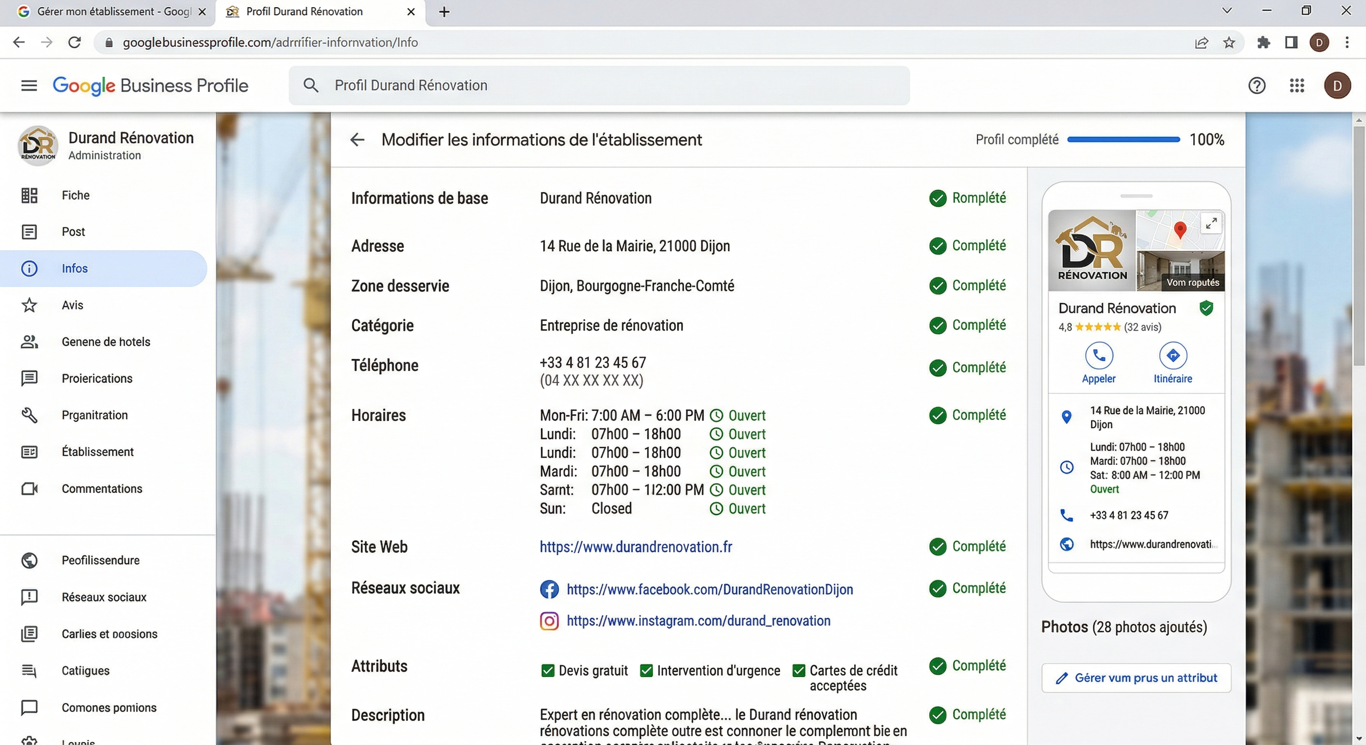 Panneau d'administration Google Business Profile avec profil complété à 100% : informations, horaires, réseaux sociaux, attributs