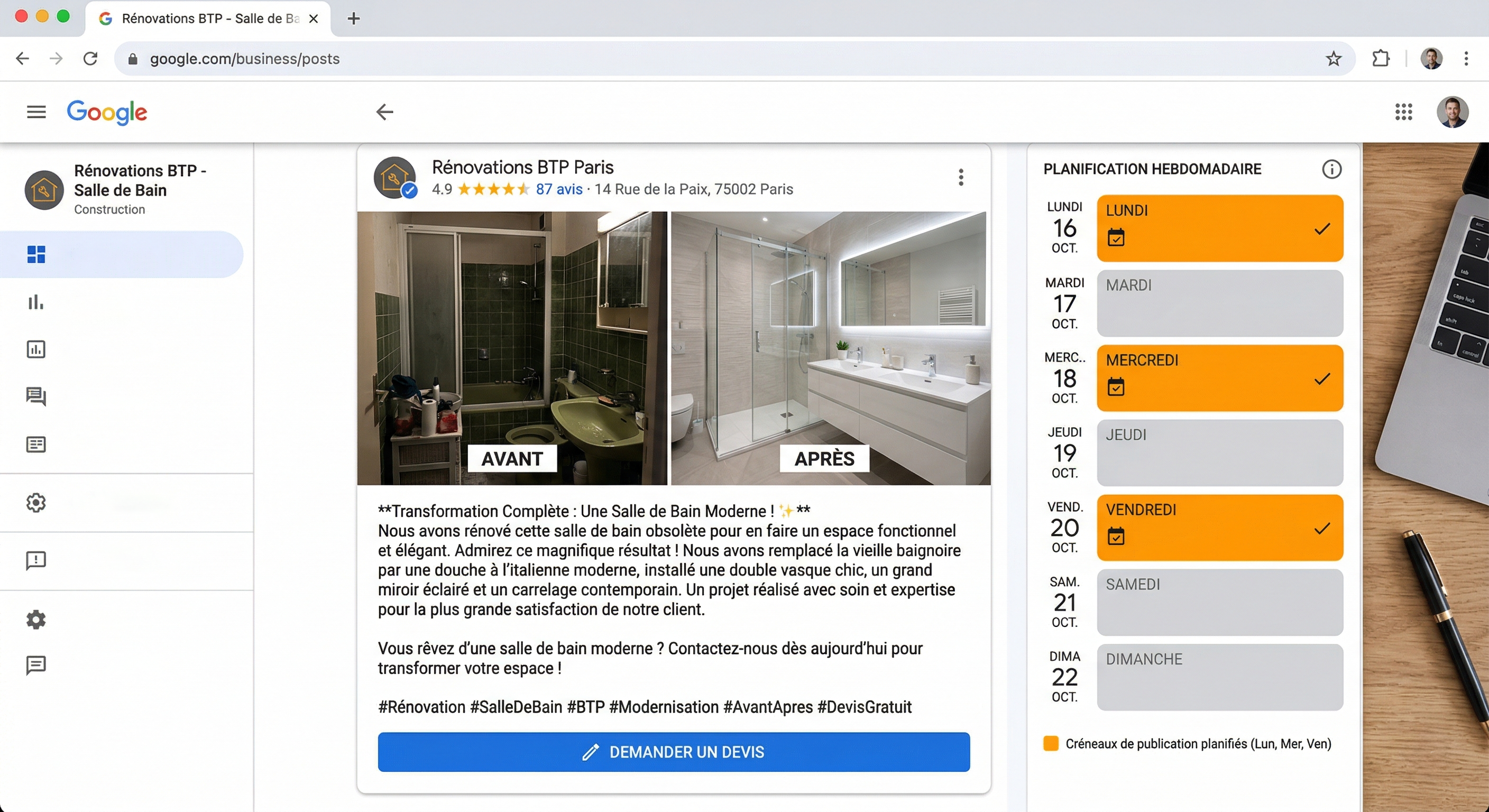 Mockup d'un post Google Business Profile pour une entreprise BTP avec photo avant/après d'une salle de bain rénovée, texte descriptif et bouton Demander un devis. À côté, calendrier hebdomadaire avec créneaux de publication Lundi, Mercredi, Vendredi surlignés en orange.