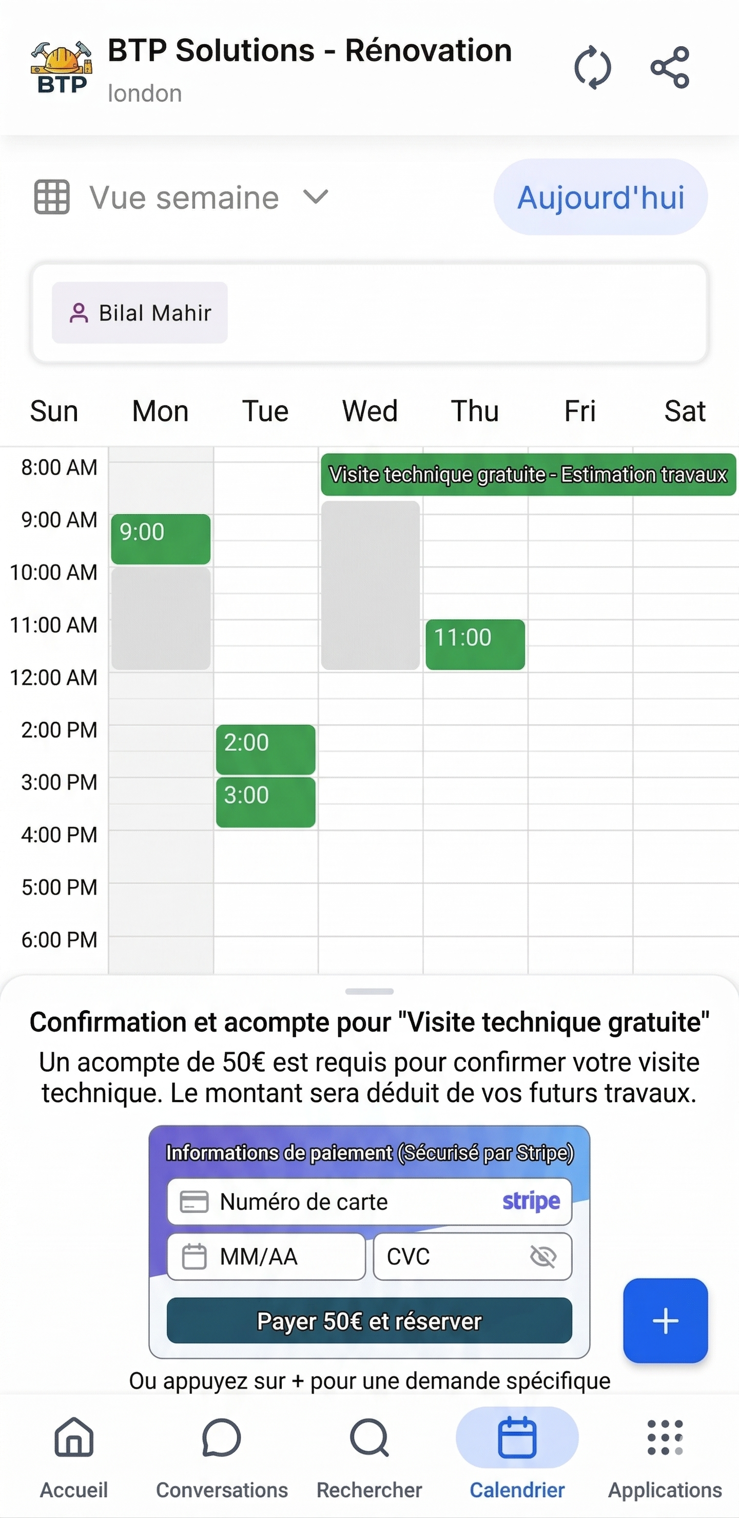Calendrier GHL avec créneaux de visite technique et paiement acompte Stripe 50€