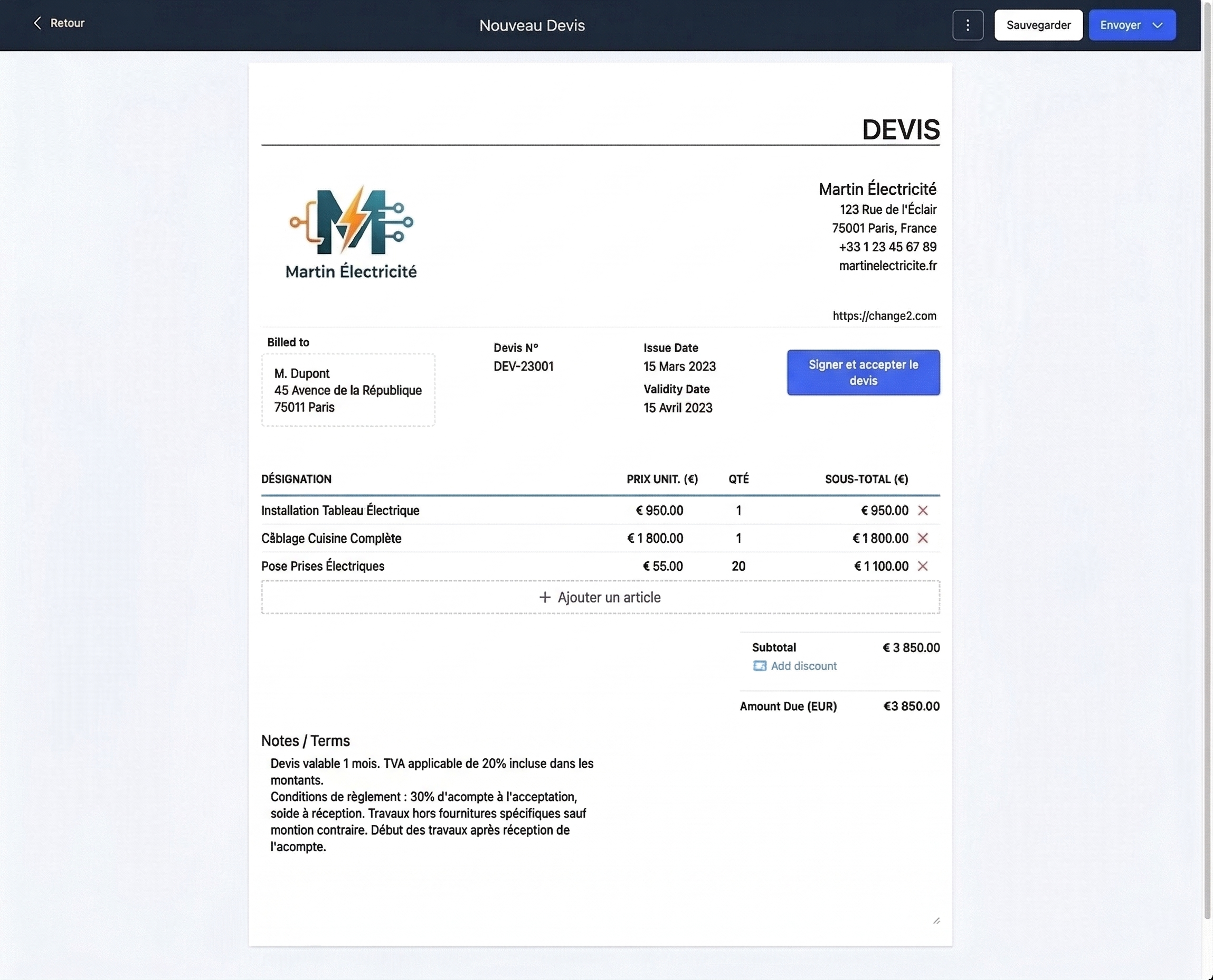 Devis GHL Martin Électricité avec postes, total €3 850 et bouton signer et accepter