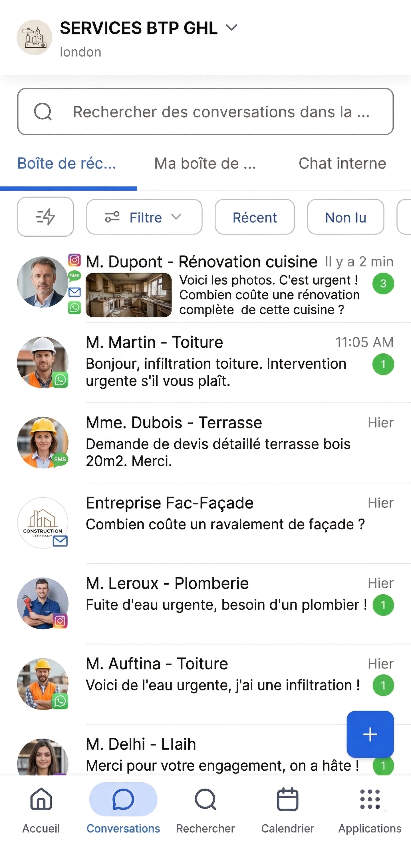 Boîte de réception GHL Conversations avec messages unifiés de différents canaux pour entreprise BTP