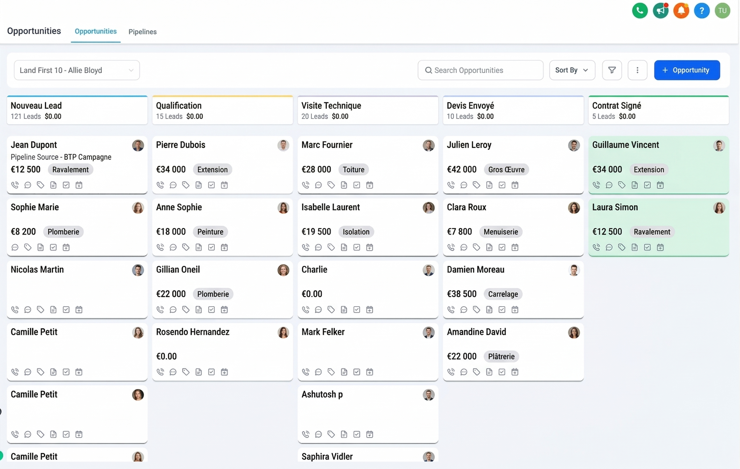 Pipeline Kanban GHL avec colonnes Nouveau Lead, Qualification, Visite Technique, Devis Envoyé, Contrat Signé et montants en euros