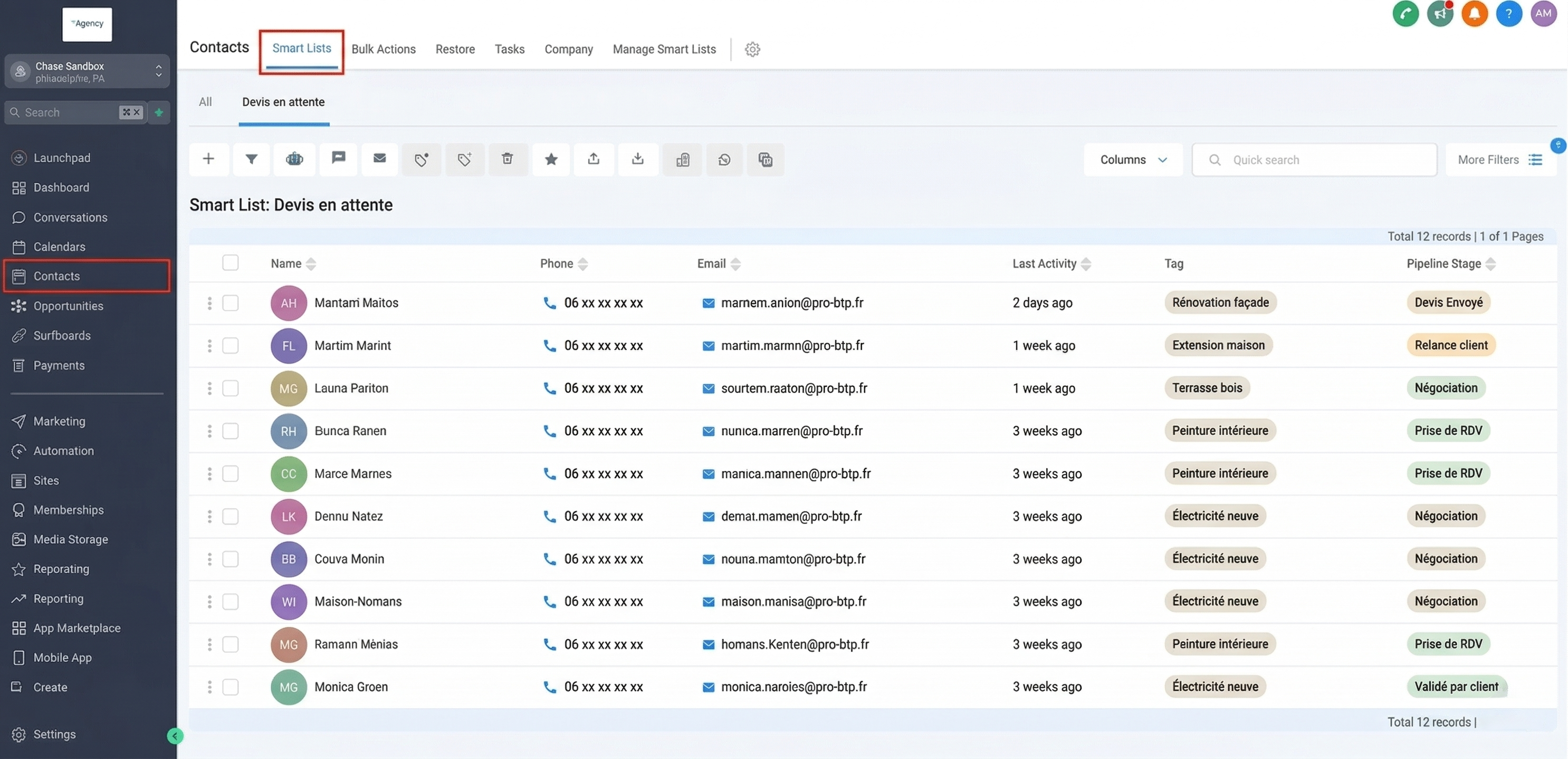Smart List GHL filtrée Devis en attente avec contacts BTP, tags et étapes pipeline