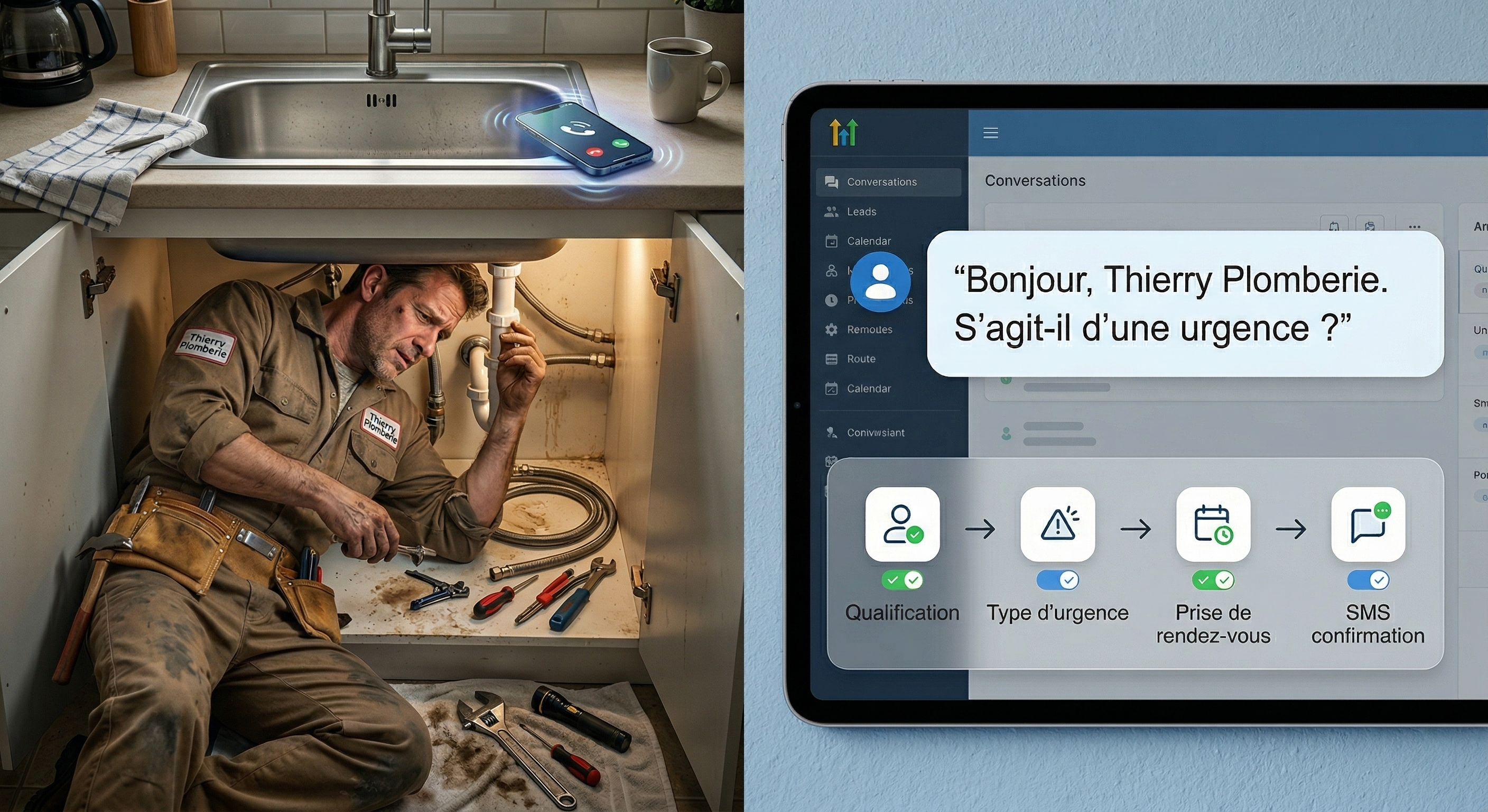 Plombier sous un évier avec téléphone qui sonne et Voice AI GHL qui répond automatiquement avec flow qualification, urgence, prise de RDV, SMS confirmation
